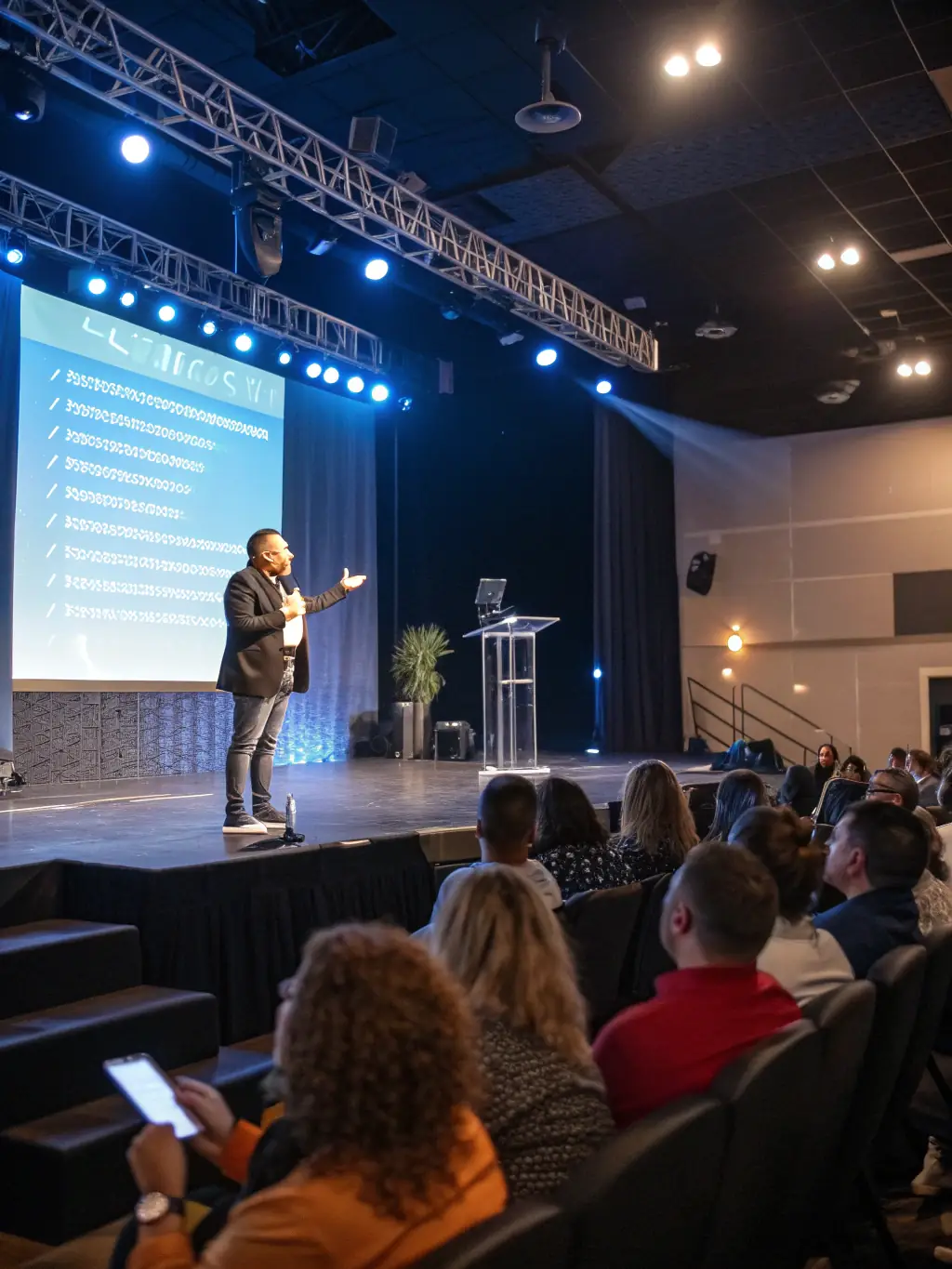 A photograph of the keynote speaker delivering a presentation on digital event investment strategies at the conference.