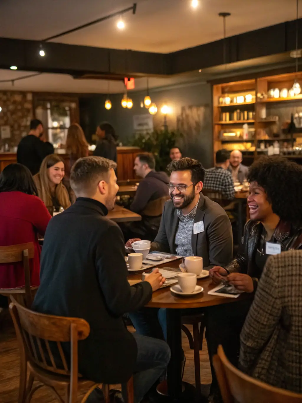A candid shot of attendees networking during a coffee break, discussing potential tech networking profit opportunities.