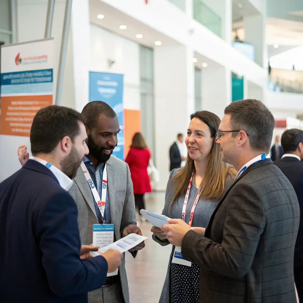 A group of people networking at a conference, with laptops and tablets in hand, exchanging business cards.