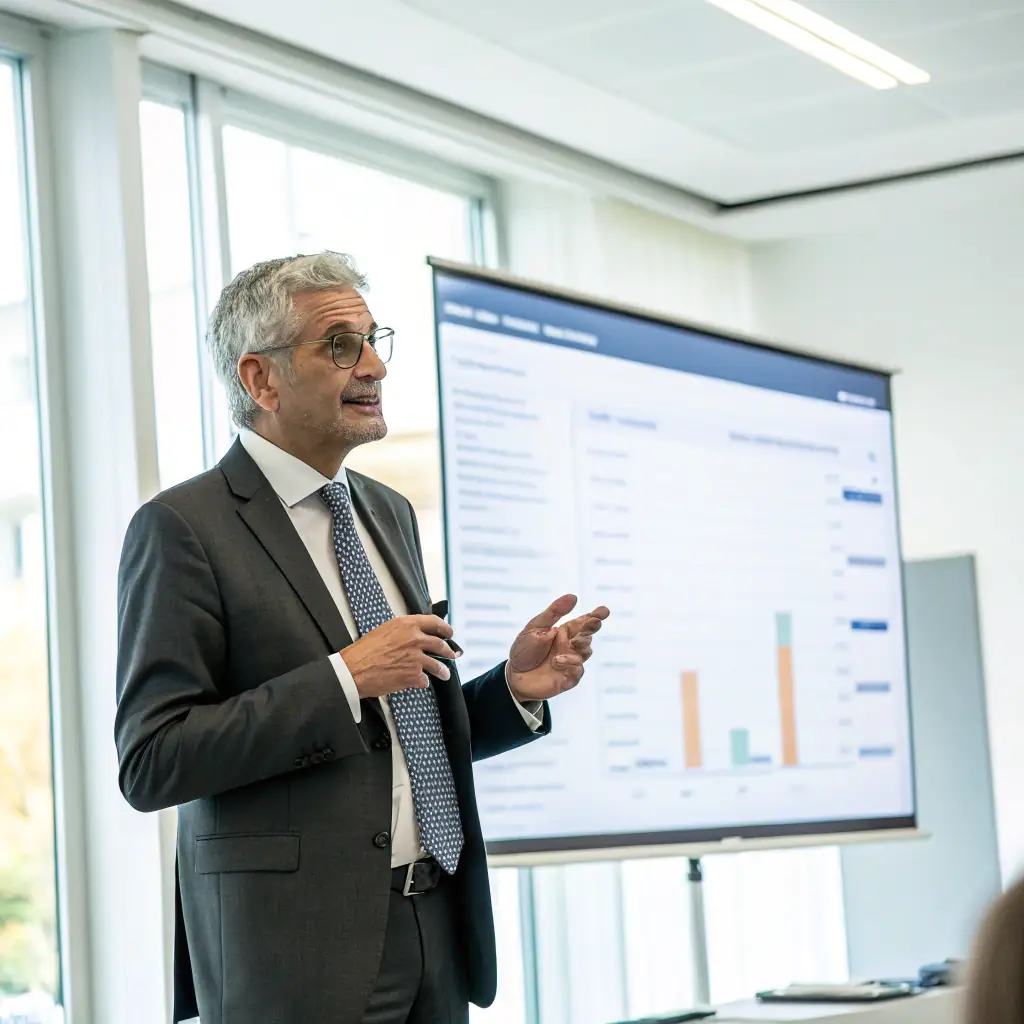 A speaker in a suit, giving a presentation on stage, with a graph showing positive growth in the background.