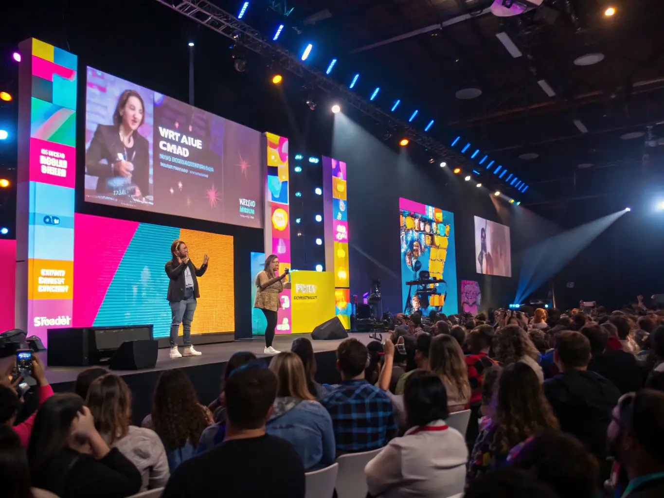 A dynamic speaker presenting a workshop on maximizing digital event investment, with attendees actively participating and taking notes in a modern conference setting.