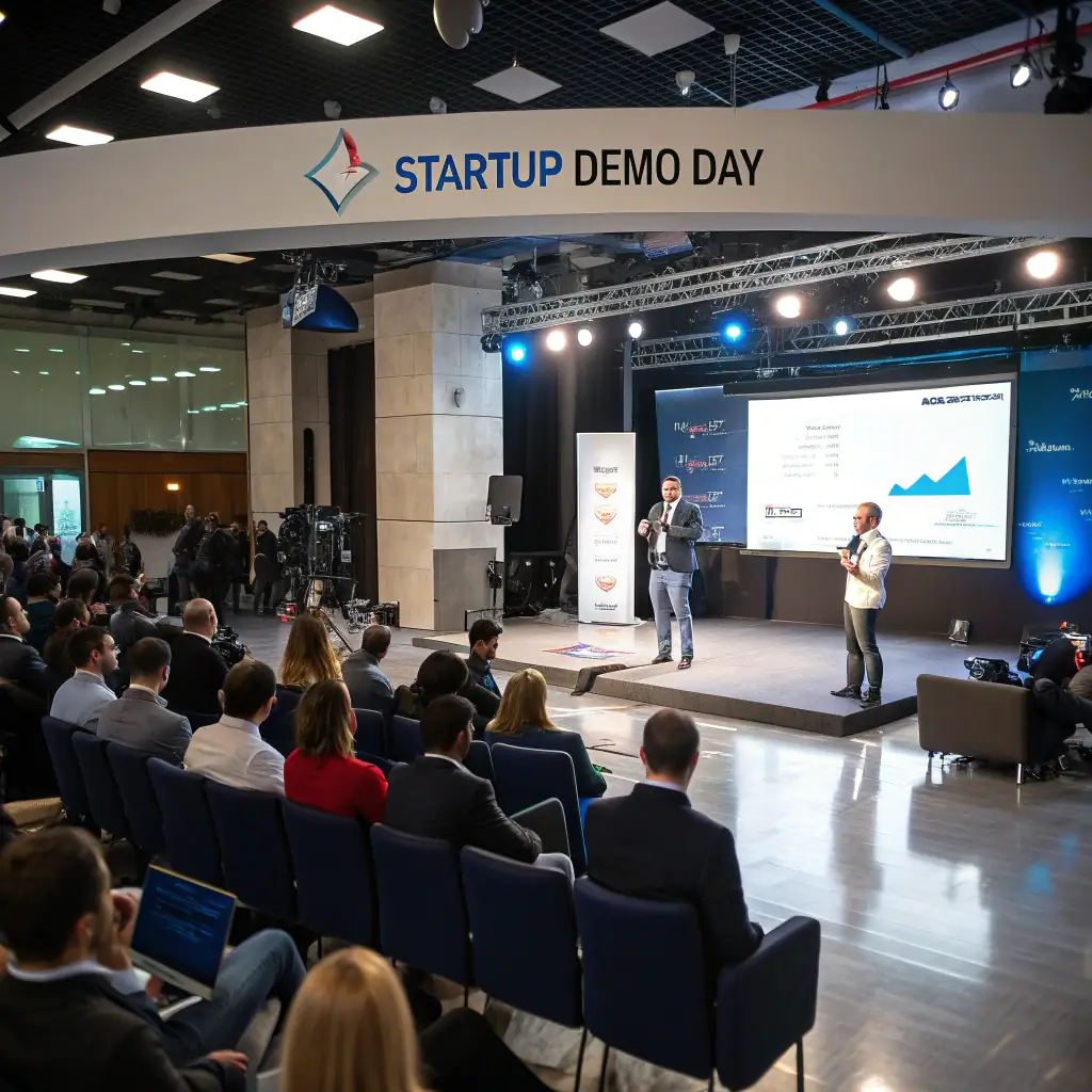 A speaker presenting a funding proposal to a panel of investors, with a virtual conference platform displayed on a screen.